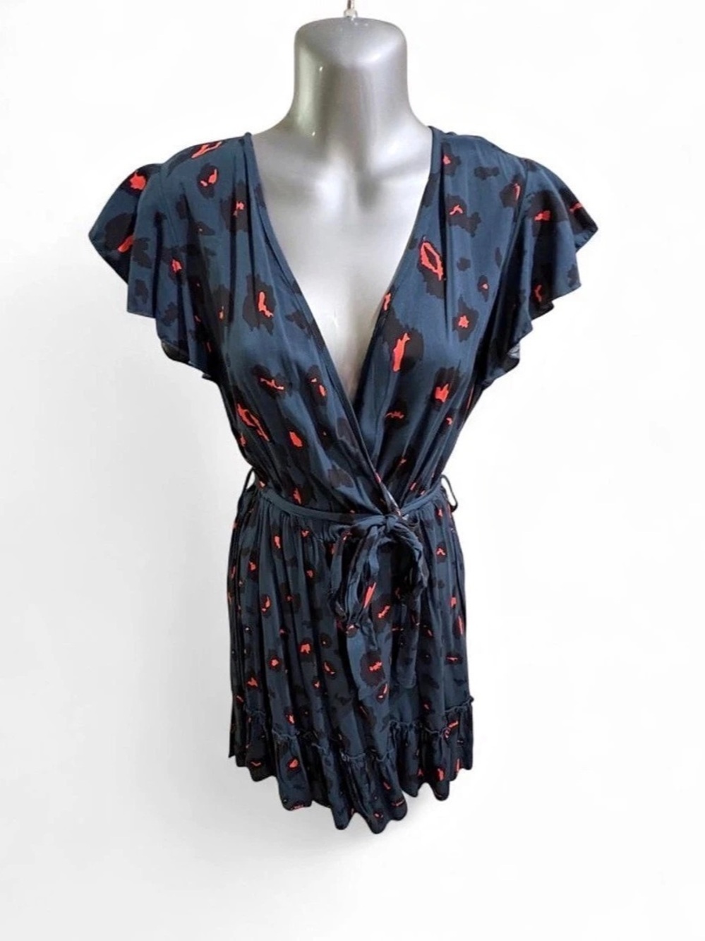 Angashion Womens V-Neck Ruffle Wrap Mini Dress M